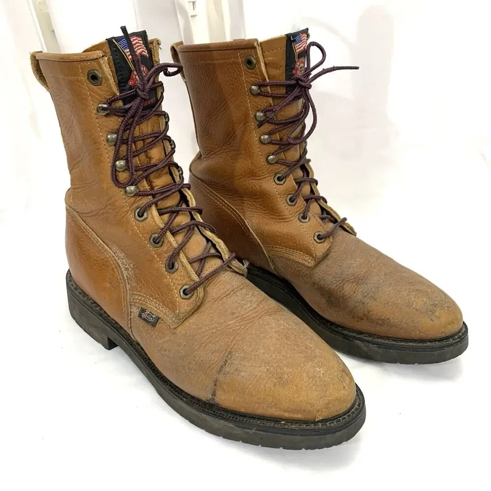 Justin Original Brown Leather 0762 Soft Toe Lace Up Work Boots Men’s Size 11 D